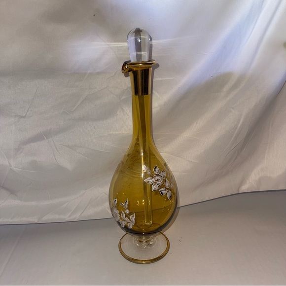 Vtg 14” Decanter Liquor Bottle Gold Gilt Hand Painted Flowers Made In Italy 18 K - Picture 4 of 9